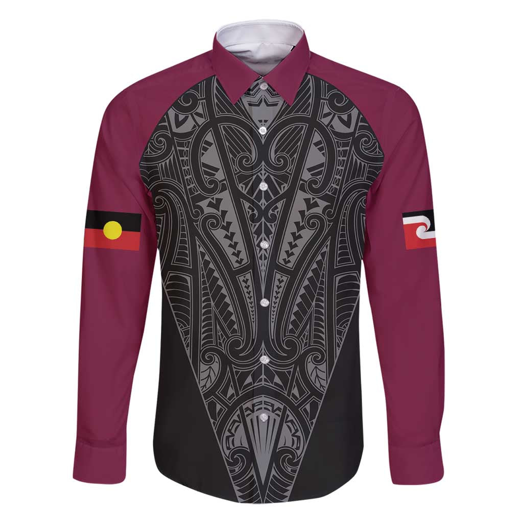 Queensland Maori Rugby Nga Hau e Wha Family Matching Summer Maxi Dress and Hawaiian Shirt Maroon Motif LT9 Dad's Shirt - Long Sleeve Maroon - Polynesian Pride