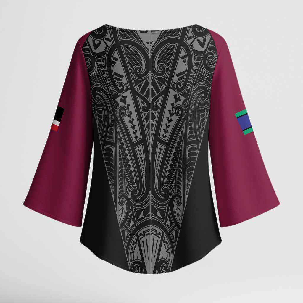 Queensland Maori Rugby Nga Hau e Wha Kimono Sleeve Blouse Maroon Motif - Polynesian Pride
