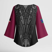 Queensland Maori Rugby Nga Hau e Wha Kimono Sleeve Blouse Maroon Motif - Polynesian Pride