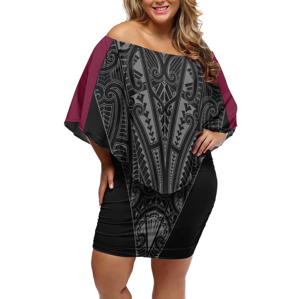 Queensland Maori Rugby Nga Hau e Wha Off Shoulder Short Dress Maroon Motif
