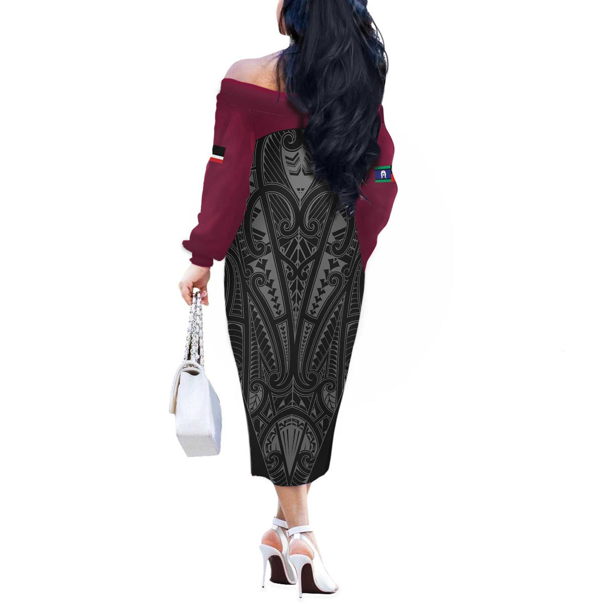Queensland Maori Rugby Nga Hau e Wha Off The Shoulder Long Sleeve Dress Maroon Motif LT9 - Polynesian Pride