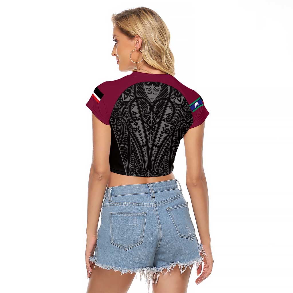 Queensland Maori Rugby Nga Hau e Wha Raglan Cropped T Shirt Maroon Motif