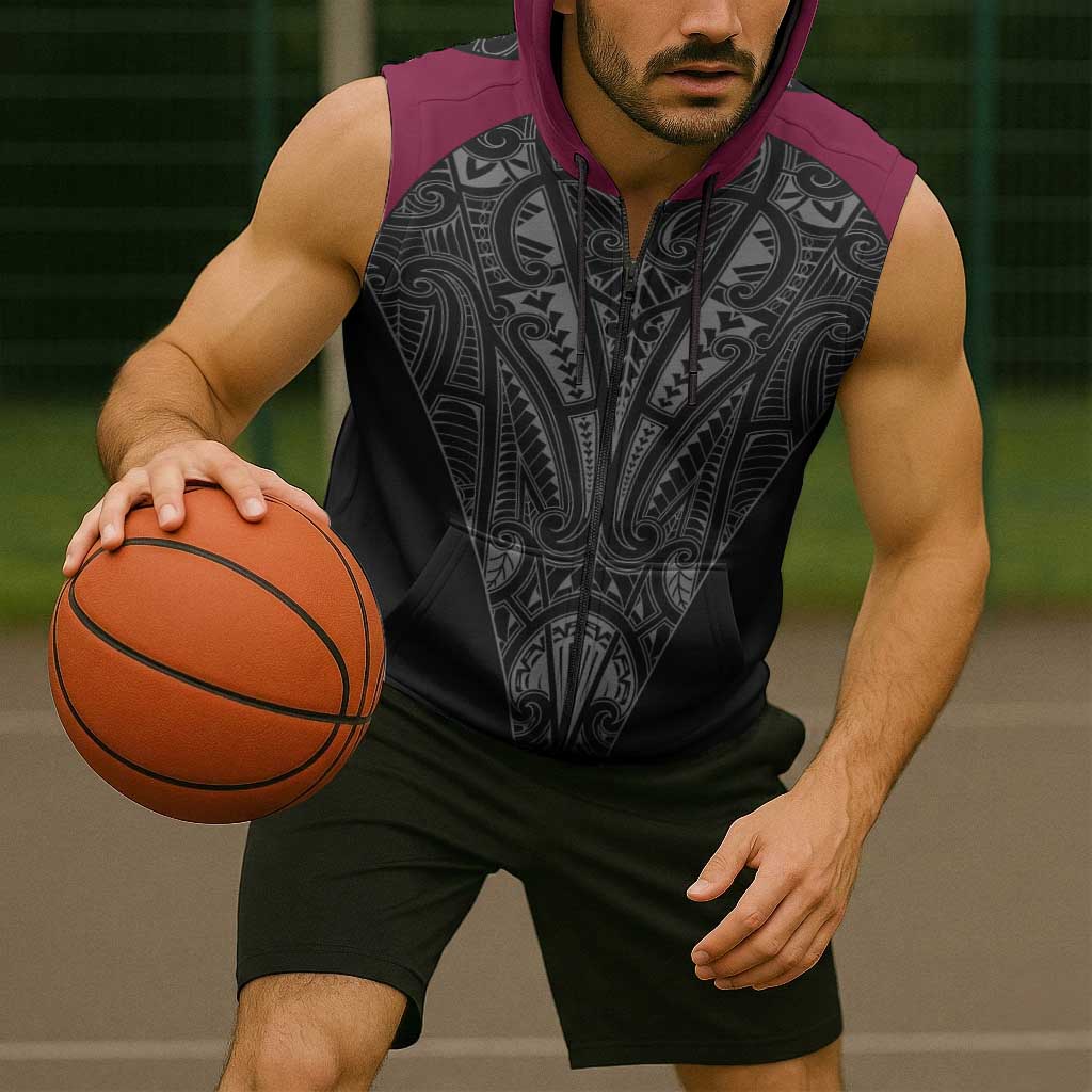Queensland Maori Rugby Nga Hau e Wha Sleeveless Zip Hoodie Maroon Motif - Polynesian Pride