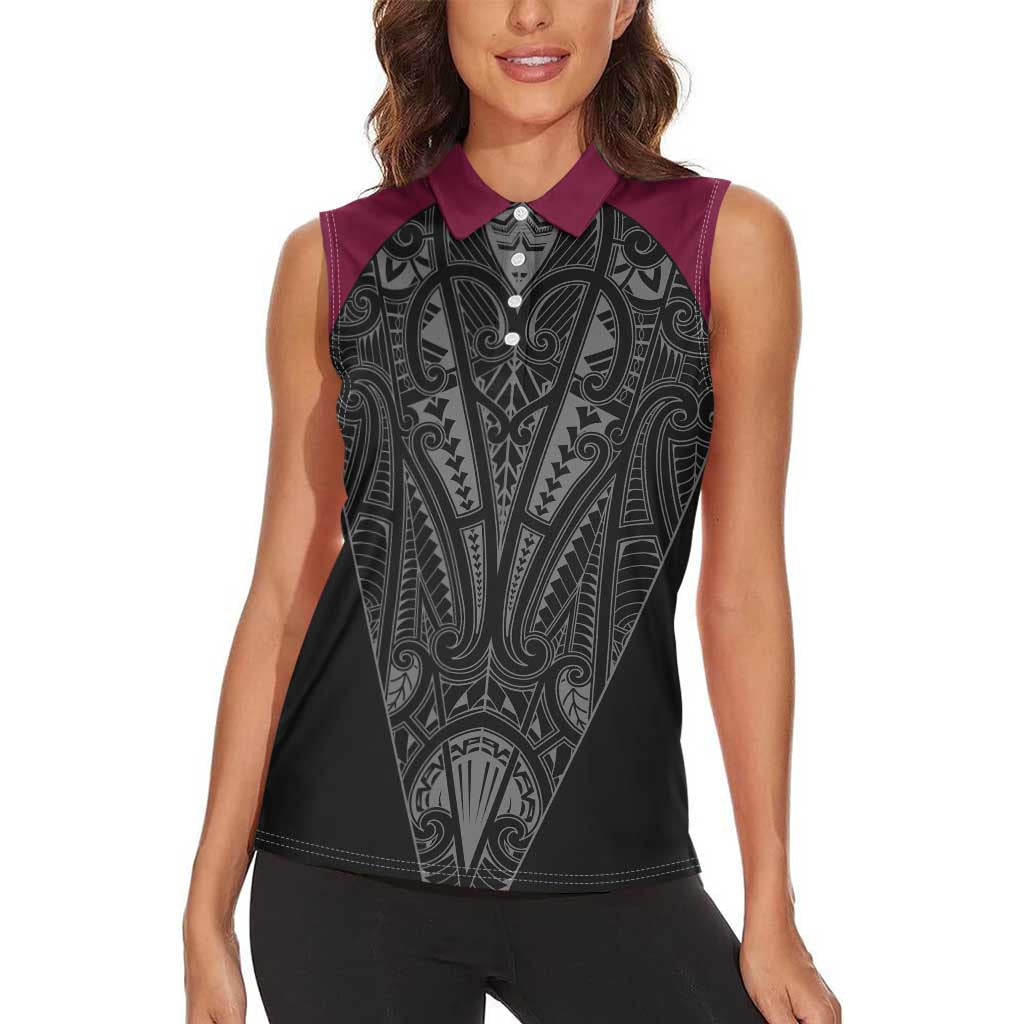 Queensland Maori Rugby Nga Hau e Wha Women Sleeveless Polo Shirt Maroon Motif LT9 - Polynesian Pride