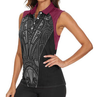 Queensland Maori Rugby Nga Hau e Wha Women Sleeveless Polo Shirt Maroon Motif LT9 - Polynesian Pride