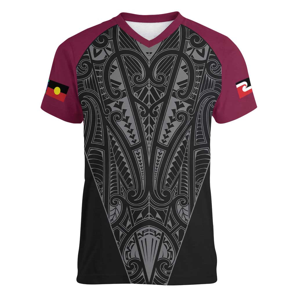 Queensland Maori Rugby Nga Hau e Wha Women V-Neck T-Shirt Maroon Motif LT9 Female Maroon - Polynesian Pride