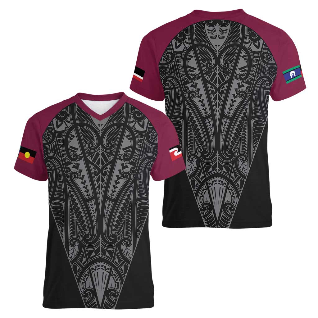 Queensland Maori Rugby Nga Hau e Wha Women V-Neck T-Shirt Maroon Motif LT9 - Polynesian Pride