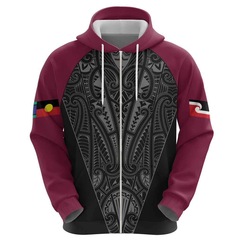 Queensland Maori Rugby Nga Hau e Wha Zip Hoodie Maroon Motif LT9 - Polynesian Pride