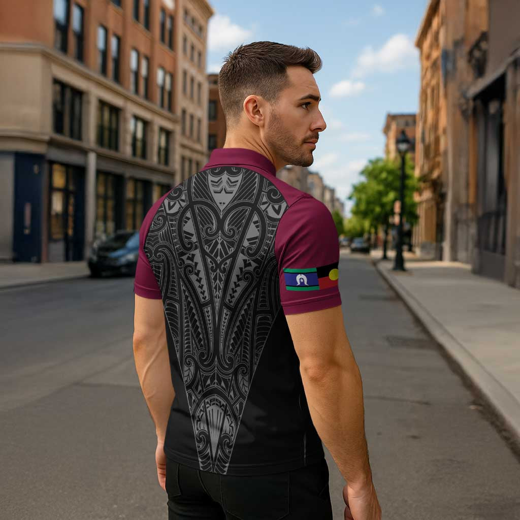 Queensland Maori Rugby Nga Hau e Wha Zipper Polo Shirt Maroon Motif - Polynesian Pride