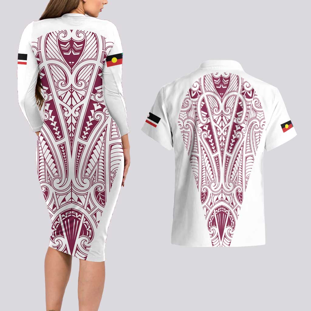 Queensland Maori Rugby Nga Hau e Wha Couples Matching Long Sleeve Bodycon Dress and Hawaiian Shirt White Motif LT9 - Polynesian Pride