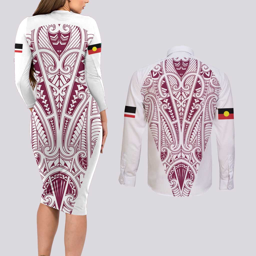 Queensland Maori Rugby Nga Hau e Wha Couples Matching Long Sleeve Bodycon Dress and Long Sleeve Button Shirt White Motif LT9 - Polynesian Pride