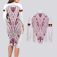 Queensland Maori Rugby Nga Hau e Wha Couples Matching Long Sleeve Bodycon Dress and Long Sleeve Button Shirt White Motif LT9 - Polynesian Pride