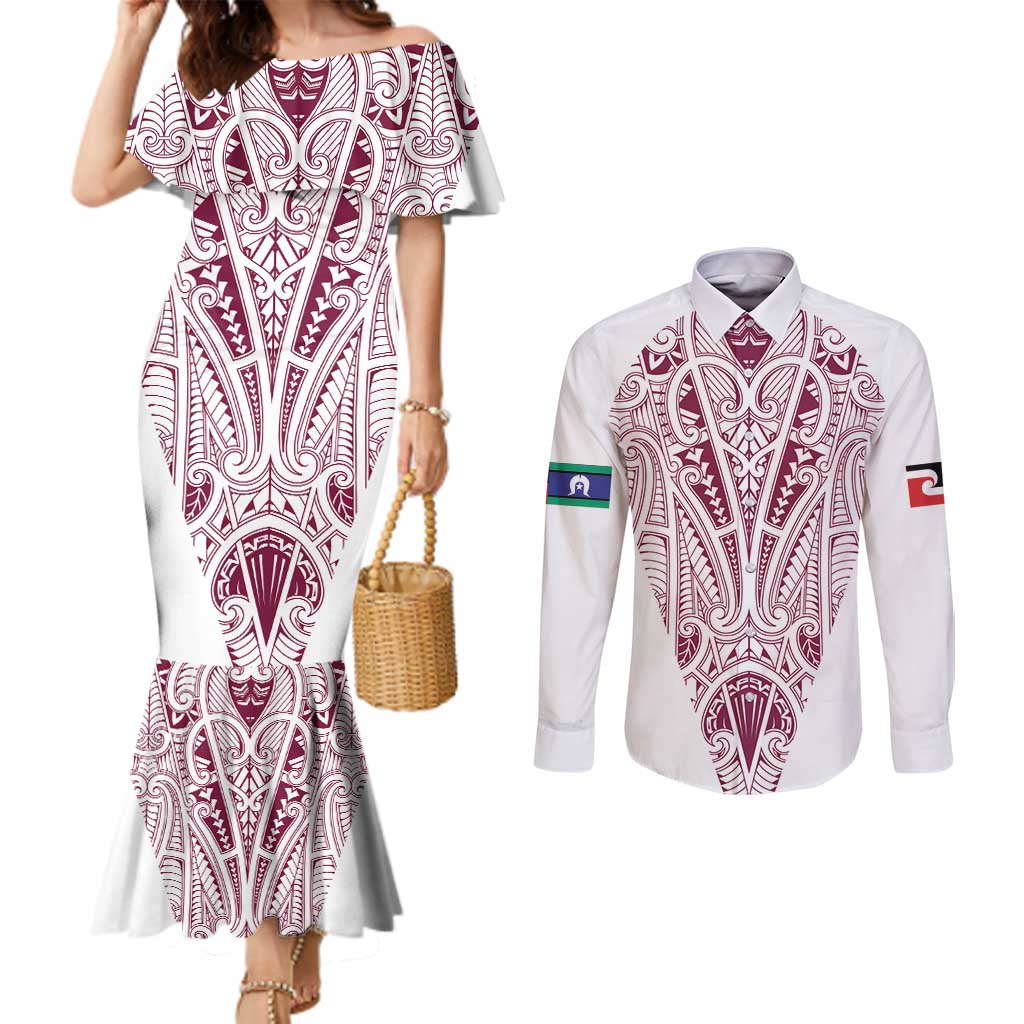 Queensland Maori Rugby Nga Hau e Wha Couples Matching Mermaid Dress and Long Sleeve Button Shirt White Motif LT9 White - Polynesian Pride