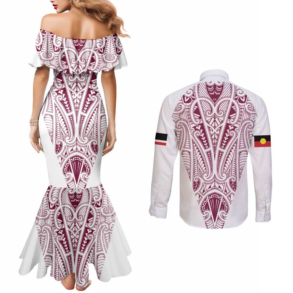 Queensland Maori Rugby Nga Hau e Wha Couples Matching Mermaid Dress and Long Sleeve Button Shirt White Motif LT9 - Polynesian Pride