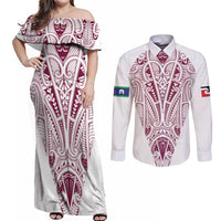 Queensland Maori Rugby Nga Hau e Wha Couples Matching Off Shoulder Maxi Dress and Long Sleeve Button Shirt White Motif LT9 White - Polynesian Pride