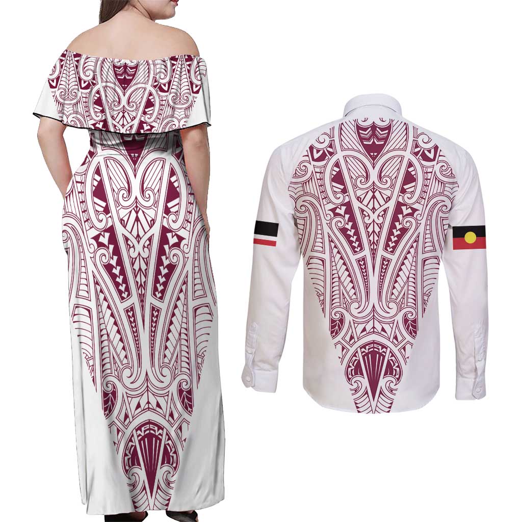 Queensland Maori Rugby Nga Hau e Wha Couples Matching Off Shoulder Maxi Dress and Long Sleeve Button Shirt White Motif LT9 - Polynesian Pride