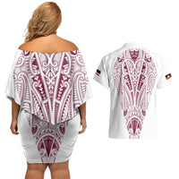 Queensland Maori Rugby Nga Hau e Wha Couples Matching Off Shoulder Short Dress and Hawaiian Shirt White Motif LT9 - Polynesian Pride