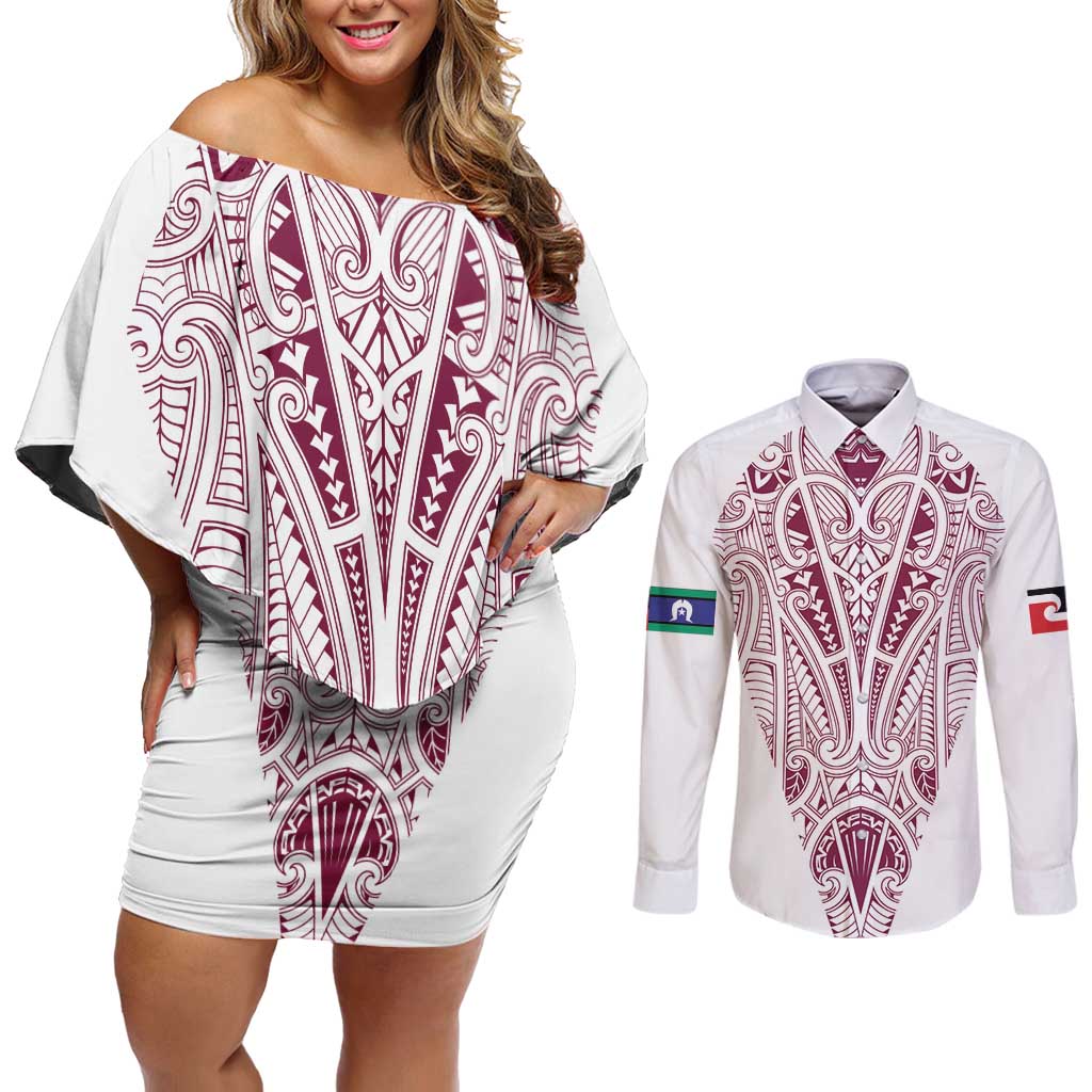 Queensland Maori Rugby Nga Hau e Wha Couples Matching Off Shoulder Short Dress and Long Sleeve Button Shirt White Motif LT9 White - Polynesian Pride