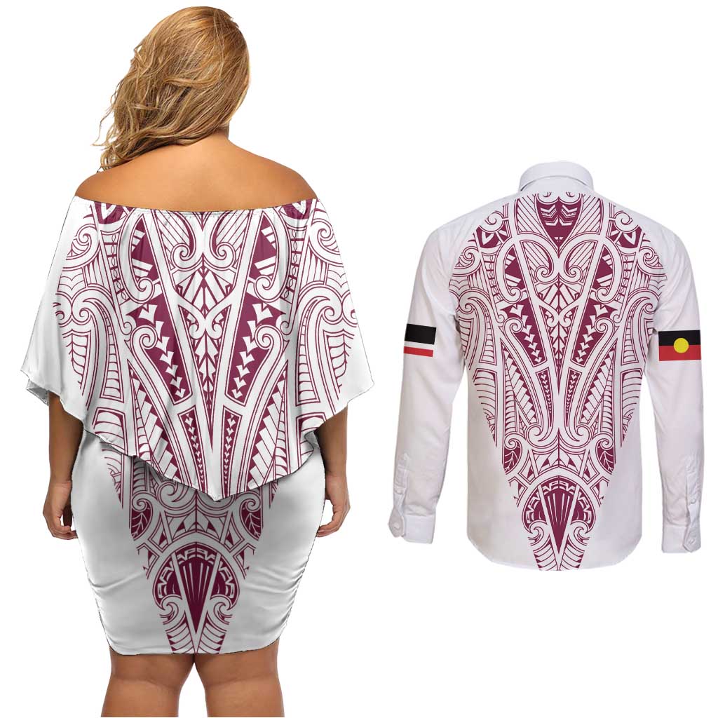 Queensland Maori Rugby Nga Hau e Wha Couples Matching Off Shoulder Short Dress and Long Sleeve Button Shirt White Motif LT9 - Polynesian Pride