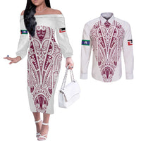 Queensland Maori Rugby Nga Hau e Wha Couples Matching Off The Shoulder Long Sleeve Dress and Long Sleeve Button Shirt White Motif LT9 White - Polynesian Pride