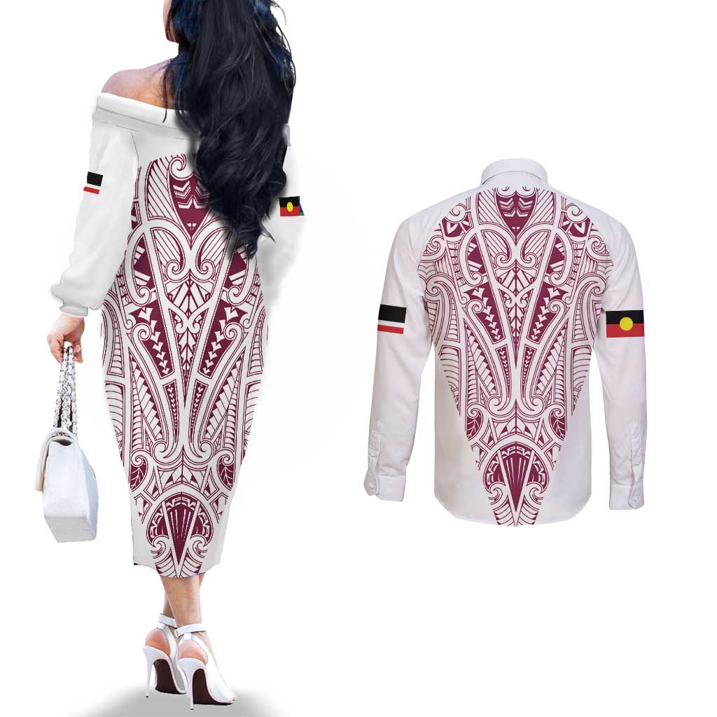 Queensland Maori Rugby Nga Hau e Wha Couples Matching Off The Shoulder Long Sleeve Dress and Long Sleeve Button Shirt White Motif LT9 - Polynesian Pride