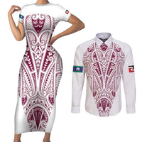 Queensland Maori Rugby Nga Hau e Wha Couples Matching Short Sleeve Bodycon Dress and Long Sleeve Button Shirt White Motif LT9 White - Polynesian Pride