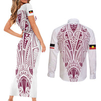 Queensland Maori Rugby Nga Hau e Wha Couples Matching Short Sleeve Bodycon Dress and Long Sleeve Button Shirt White Motif LT9 - Polynesian Pride