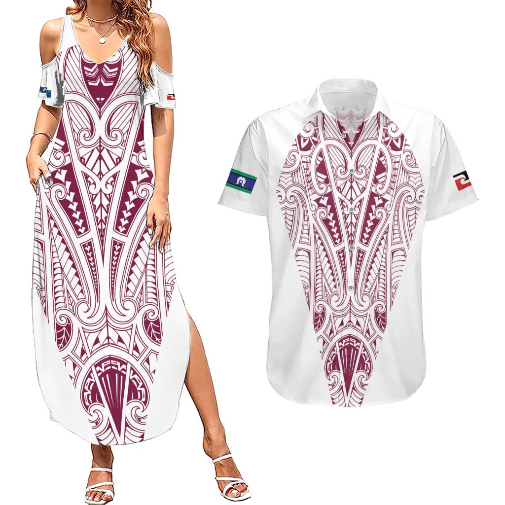 Queensland Maori Rugby Nga Hau e Wha Couples Matching Summer Maxi Dress and Hawaiian Shirt White Motif LT9 White - Polynesian Pride