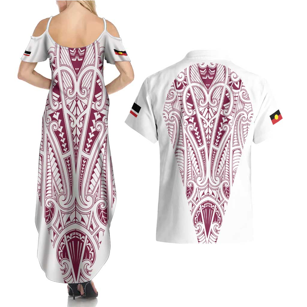 Queensland Maori Rugby Nga Hau e Wha Couples Matching Summer Maxi Dress and Hawaiian Shirt White Motif LT9 - Polynesian Pride