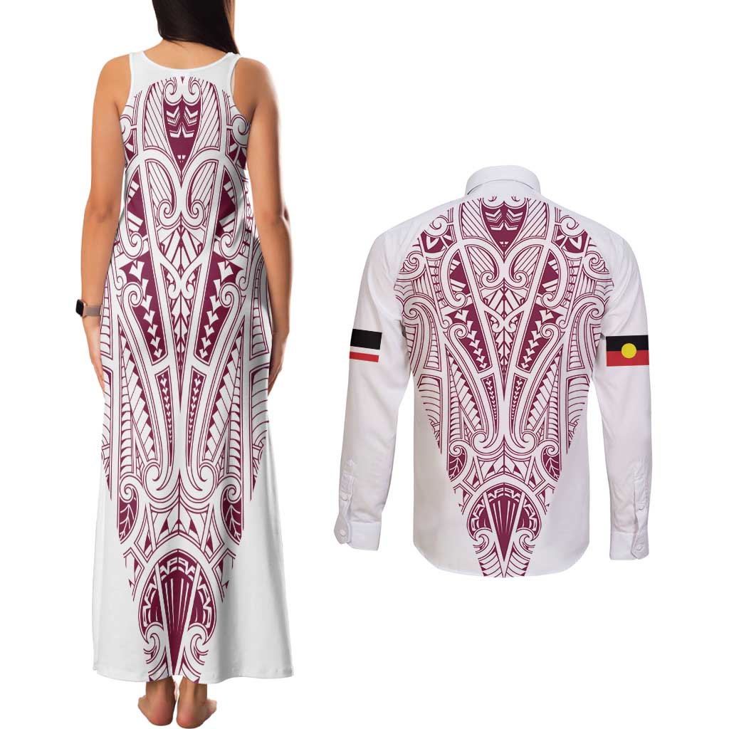 Queensland Maori Rugby Nga Hau e Wha Couples Matching Tank Maxi Dress and Long Sleeve Button Shirt White Motif LT9 - Polynesian Pride