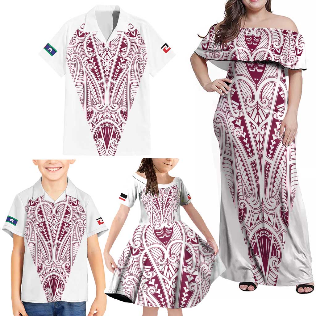 Queensland Maori Rugby Nga Hau e Wha Family Matching Off Shoulder Maxi Dress and Hawaiian Shirt White Motif LT9 - Polynesian Pride