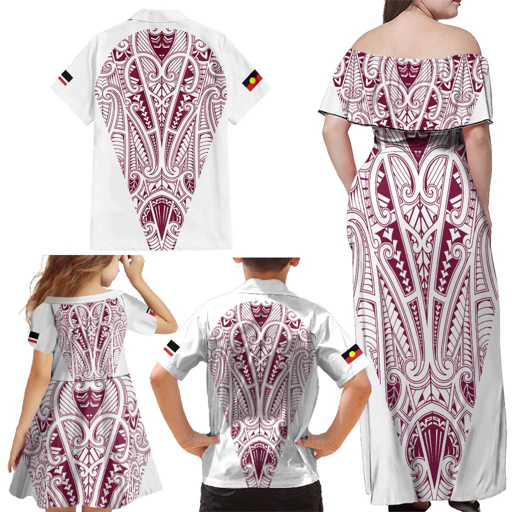 Queensland Maori Rugby Nga Hau e Wha Family Matching Off Shoulder Maxi Dress and Hawaiian Shirt White Motif LT9 - Polynesian Pride