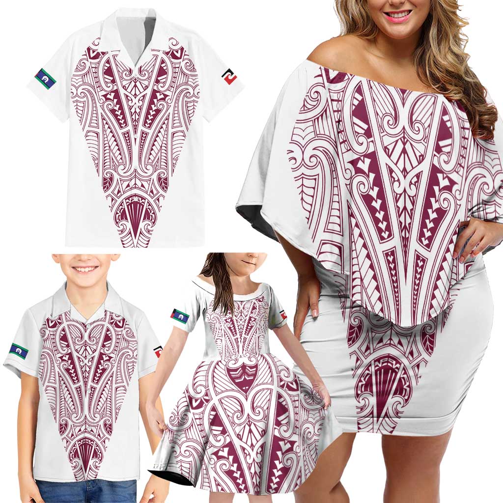 Queensland Maori Rugby Nga Hau e Wha Family Matching Off Shoulder Short Dress and Hawaiian Shirt White Motif LT9 - Polynesian Pride