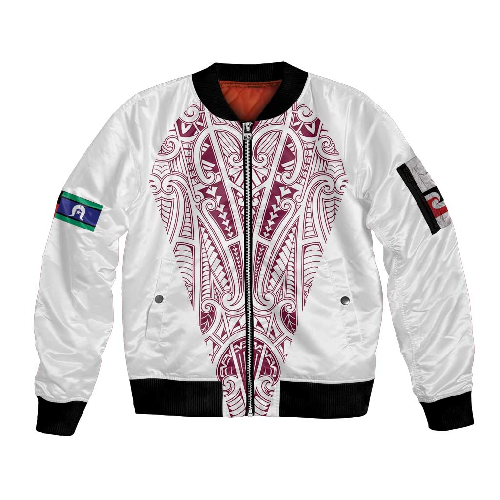 Queensland Maori Rugby Nga Hau e Wha Sleeve Zip Bomber Jacket White Motif LT9 Unisex White - Polynesian Pride