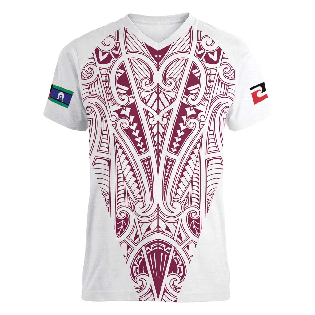 Queensland Maori Rugby Nga Hau e Wha Women V-Neck T-Shirt White Motif LT9 Female White - Polynesian Pride