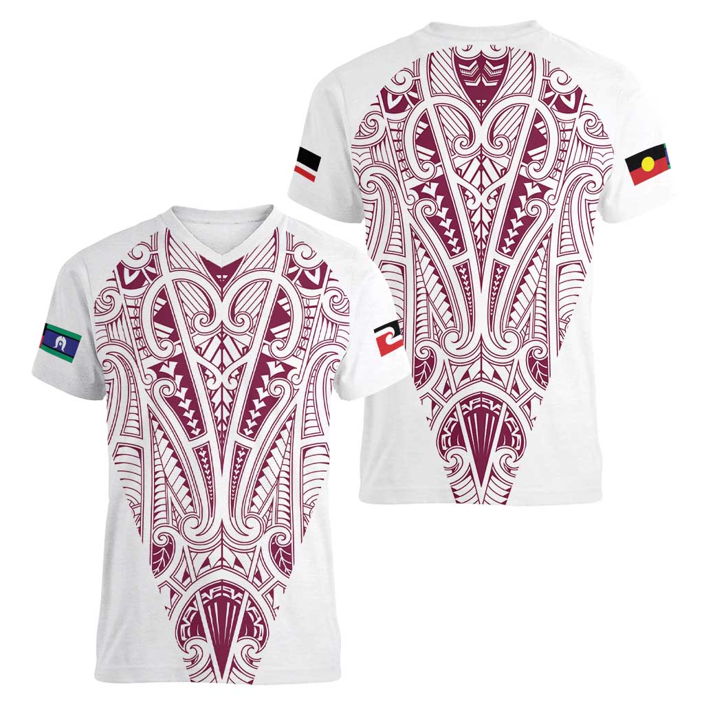 Queensland Maori Rugby Nga Hau e Wha Women V-Neck T-Shirt White Motif LT9 - Polynesian Pride