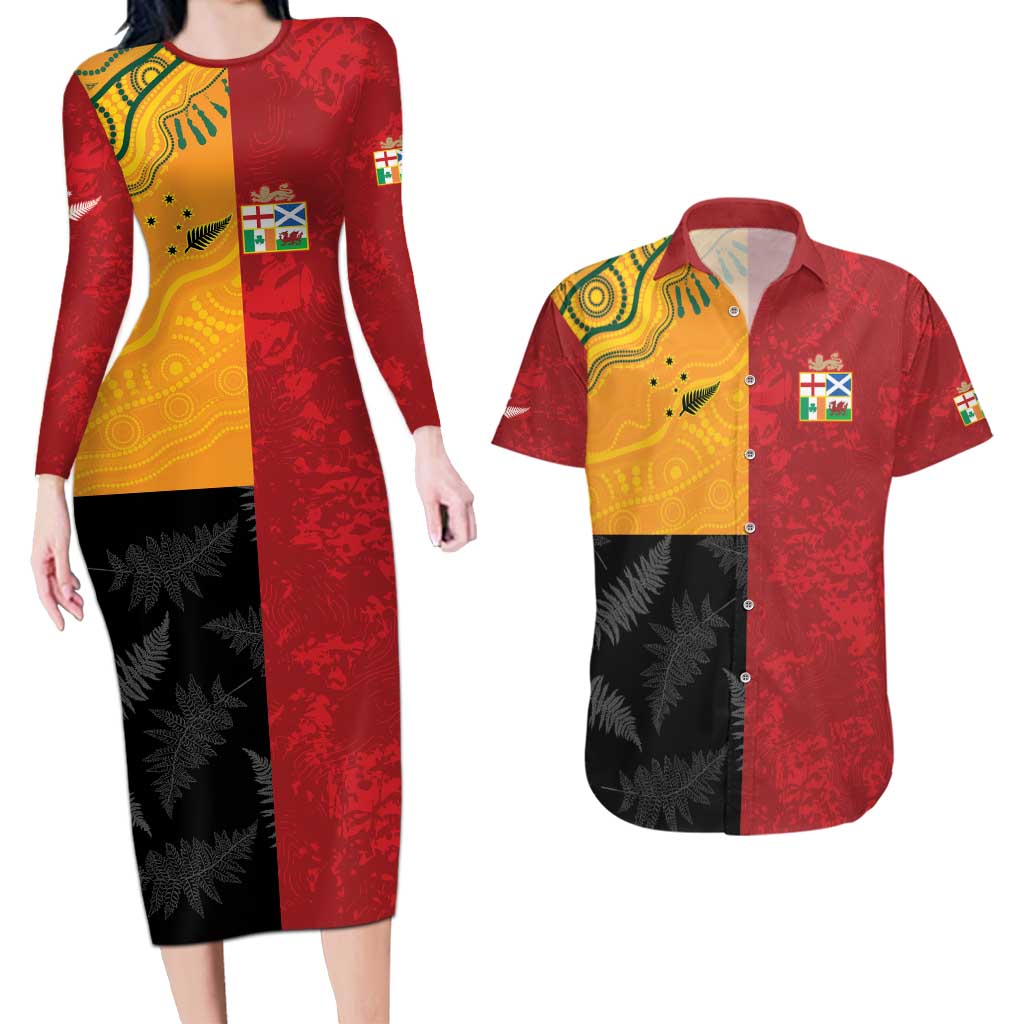 Custom British Lions-AUNZ Couples Matching Long Sleeve Bodycon Dress and Hawaiian Shirt Australia-New Zealand Indigenous Motif
