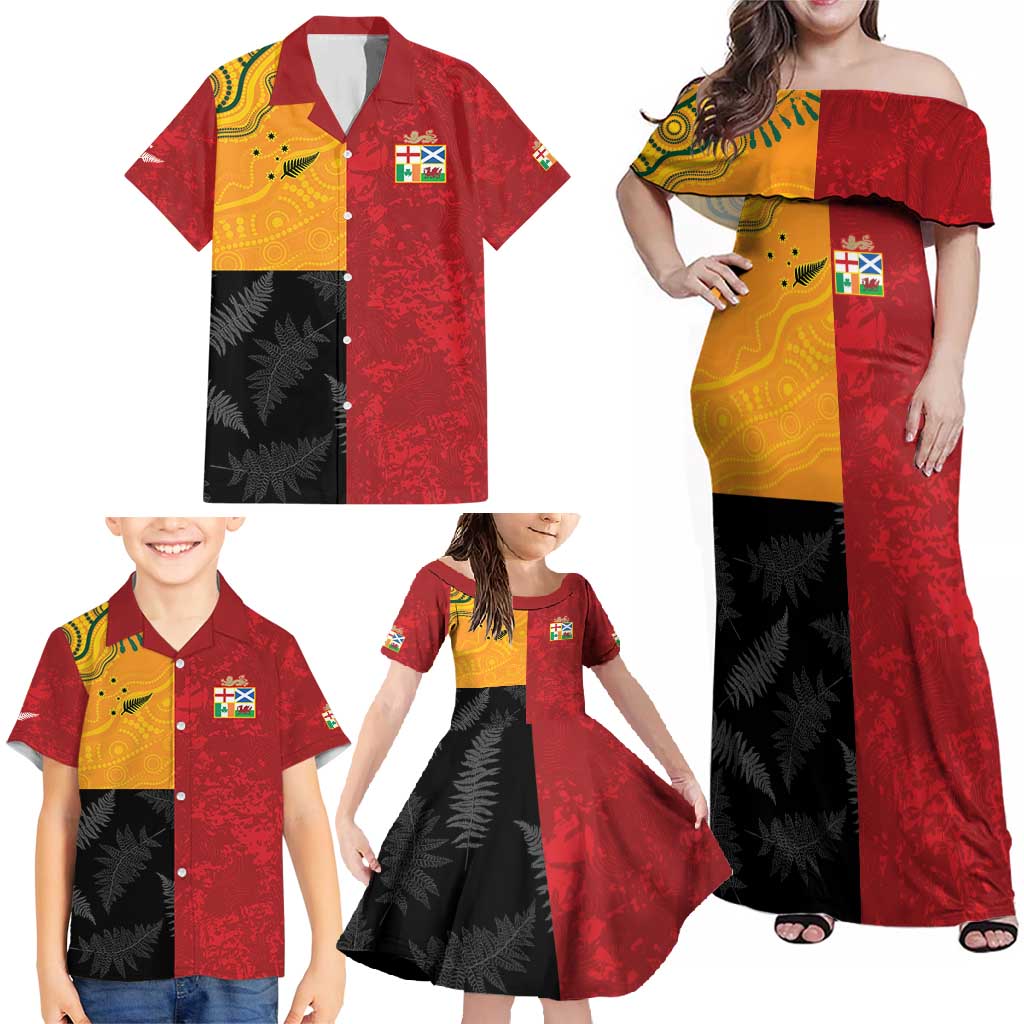 Custom British Lions-AUNZ Family Matching Off Shoulder Maxi Dress and Hawaiian Shirt Australia-New Zealand Indigenous Motif