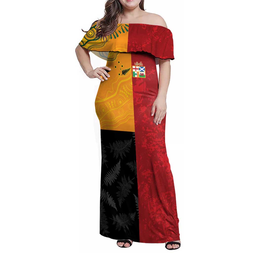 Custom British Lions-AUNZ Family Matching Off Shoulder Maxi Dress and Hawaiian Shirt Australia-New Zealand Indigenous Motif LT9 Mom's Dress Red - Polynesian Pride