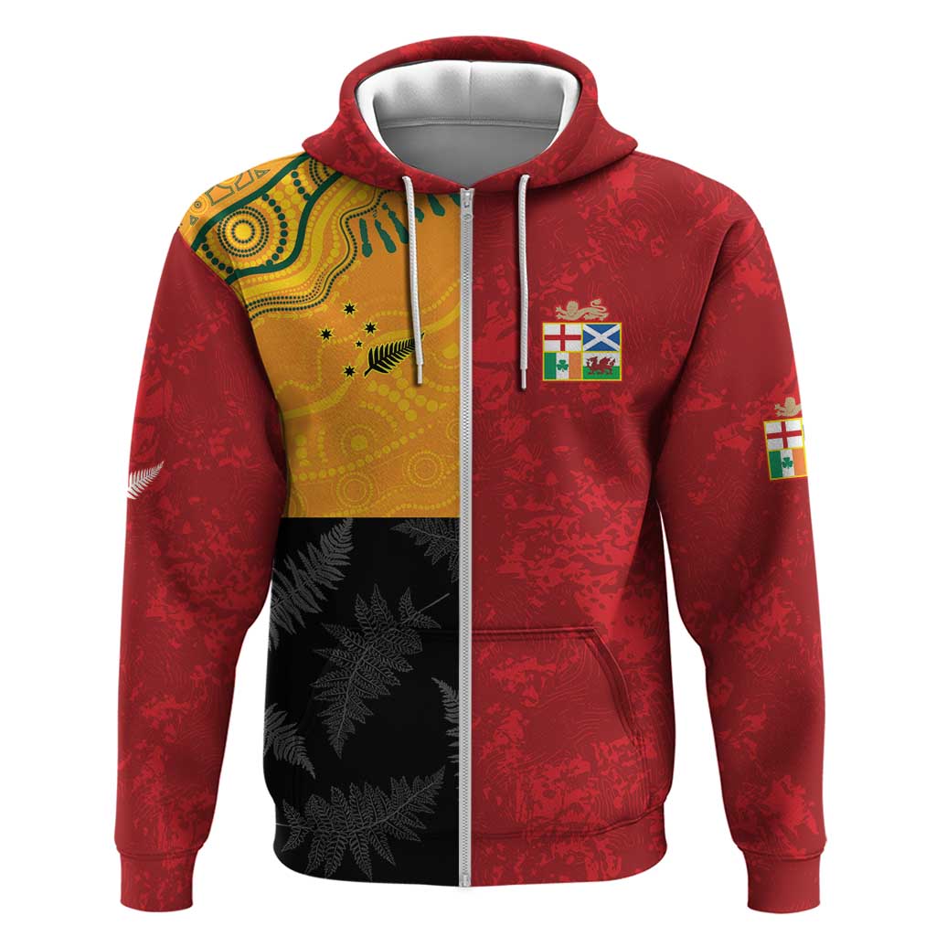 Custom British Lions-AUNZ Hoodie Australia-New Zealand Indigenous Motif LT9 Zip Hoodie Red - Polynesian Pride