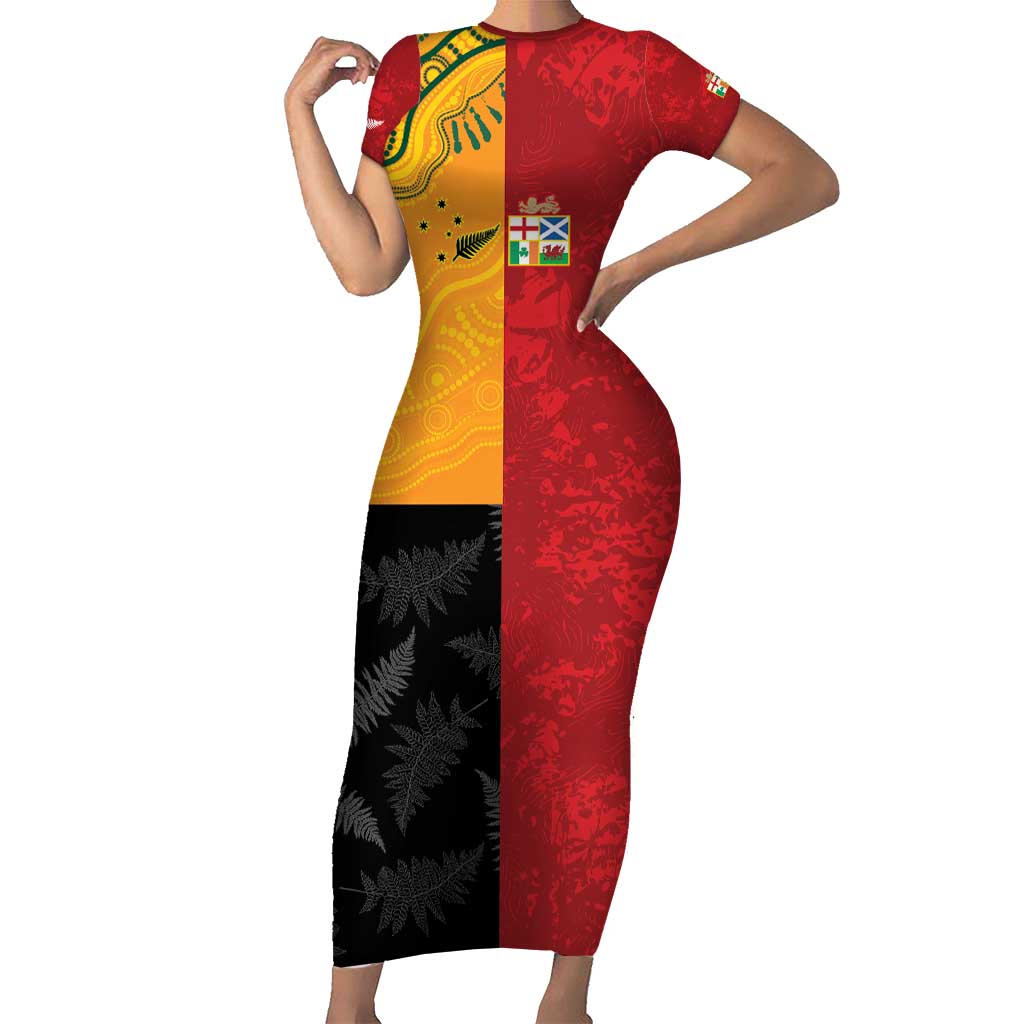 Custom British Lions-AUNZ Short Sleeve Bodycon Dress Australia-New Zealand Indigenous Motif LT9 Long Dress Red - Polynesian Pride