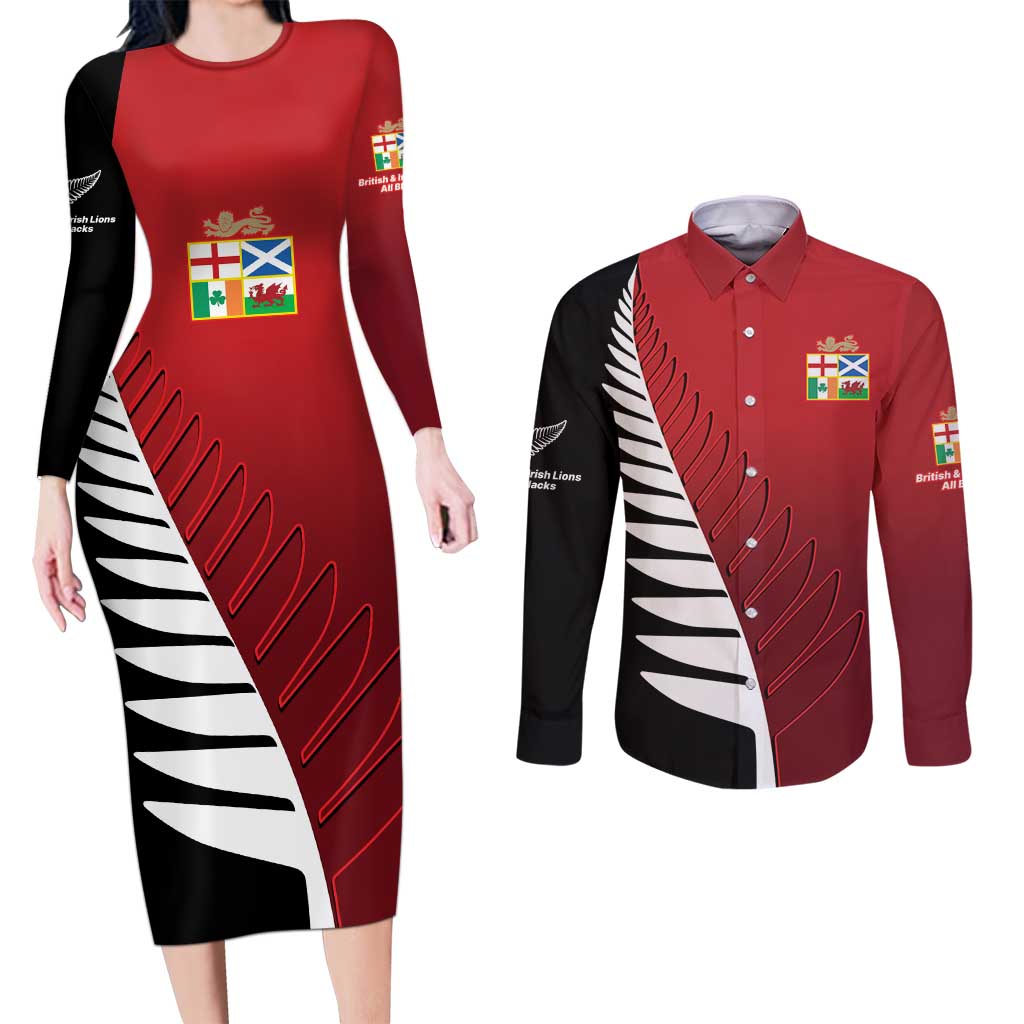 Custom British Lions New Zealand Couples Matching Long Sleeve Bodycon Dress and Long Sleeve Button Shirt Half Black Fern