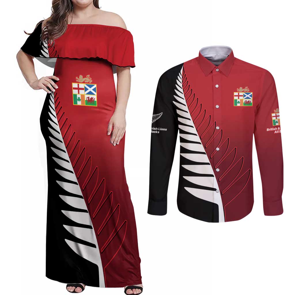 Custom British Lions New Zealand Couples Matching Off Shoulder Maxi Dress and Long Sleeve Button Shirt Half Black Fern