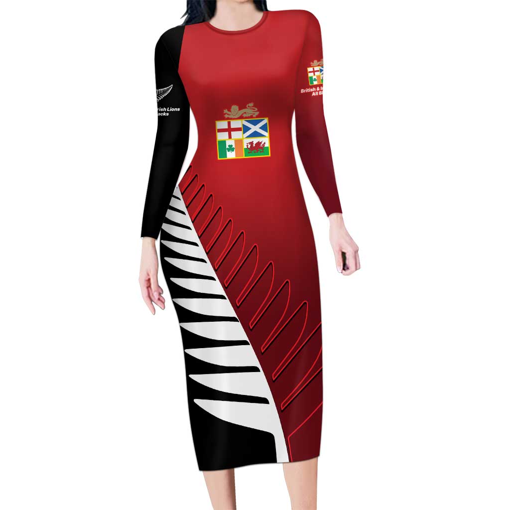 Custom British Lions New Zealand Family Matching Long Sleeve Bodycon Dress and Hawaiian Shirt Half Black Fern