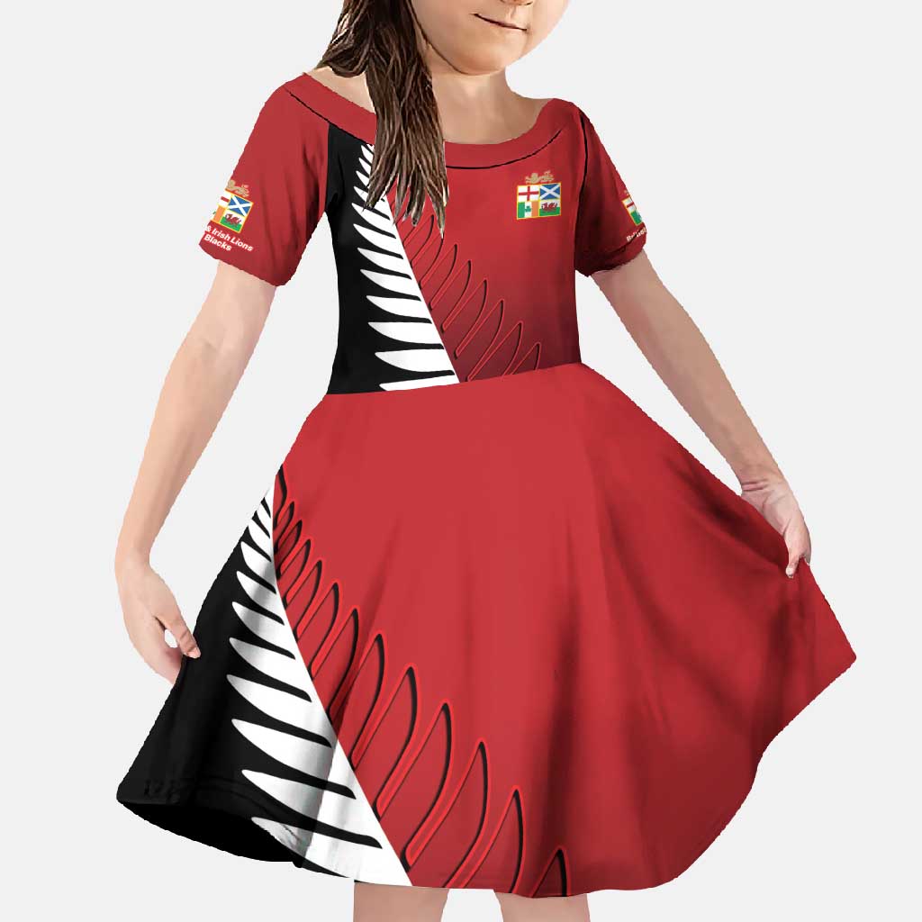 Custom British Lions New Zealand Family Matching Off Shoulder Maxi Dress and Hawaiian Shirt Half Black Fern LT9 Daughter's Dress Red - Polynesian Pride