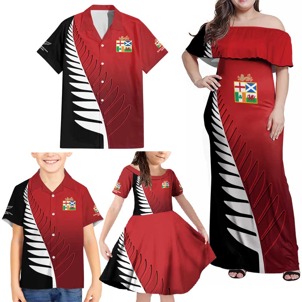 Custom British Lions New Zealand Family Matching Off Shoulder Maxi Dress and Hawaiian Shirt Half Black Fern LT9 - Polynesian Pride
