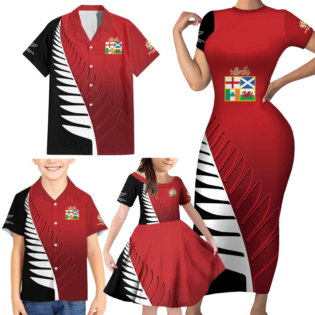 Custom British Lions New Zealand Family Matching Short Sleeve Bodycon Dress and Hawaiian Shirt Half Black Fern