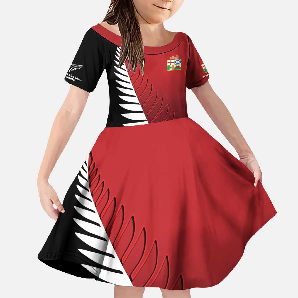 Custom British Lions New Zealand Family Matching Summer Maxi Dress and Hawaiian Shirt Half Black Fern LT9 Daughter's Dress Red - Polynesian Pride