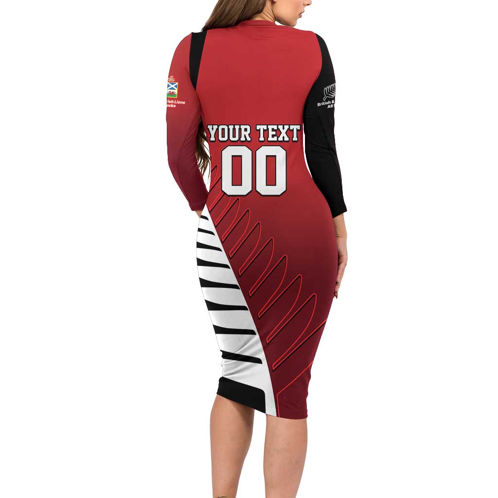 Custom British Lions New Zealand Long Sleeve Bodycon Dress Half Black Fern