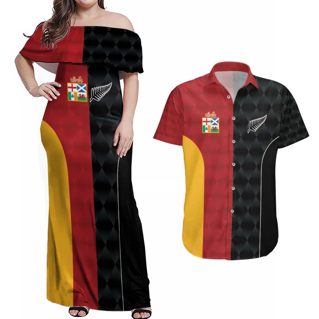 Custom British Lions New Zealand Couples Matching Off Shoulder Maxi Dress and Hawaiian Shirt Sporty Style